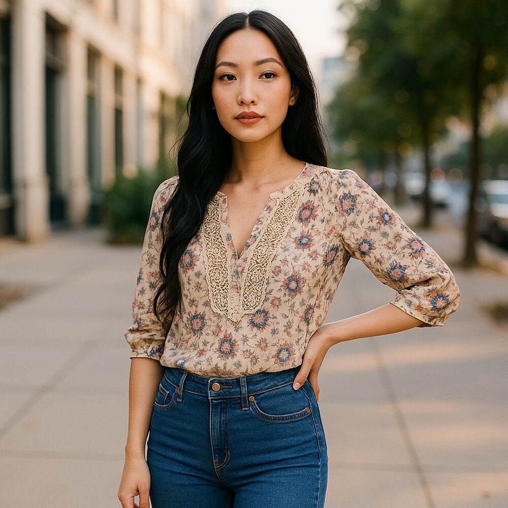 Maeve Anthropologie Womens Blouse Size 0 Sheer Beige Pink Blue Lace